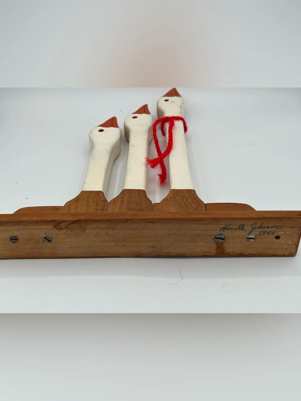 Vintage White Wooden Geese Towel Holder Rack - Harold Johnson Folk Artist 1986